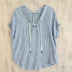 Rails Top Womens Small Jeri Linen St Germain Stripe Blue Beachy Lace Up Tie